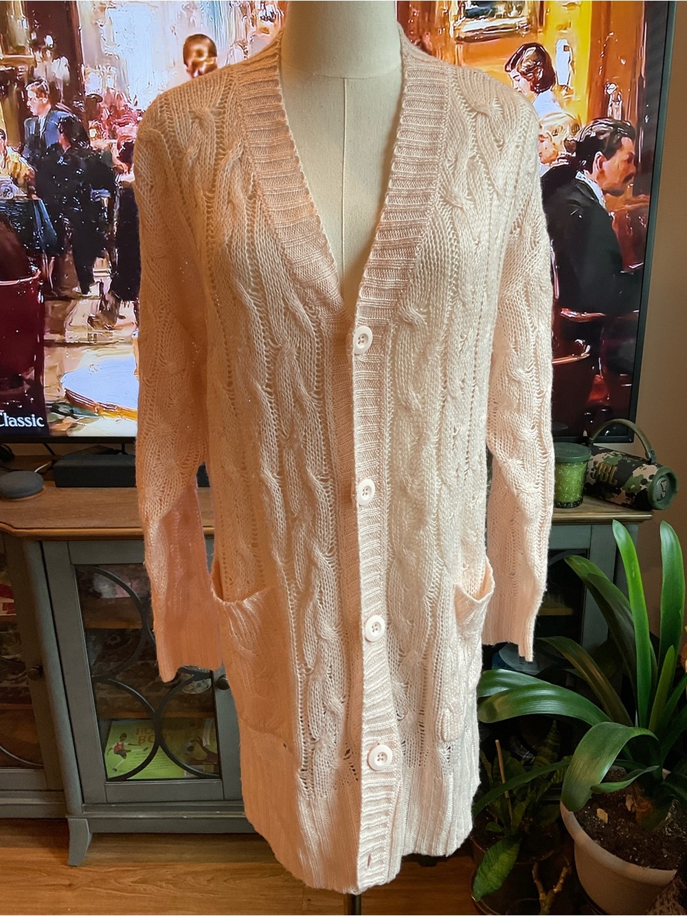 Women’s light pink Cable Knit Long button front Cardigan with pockets Size Small